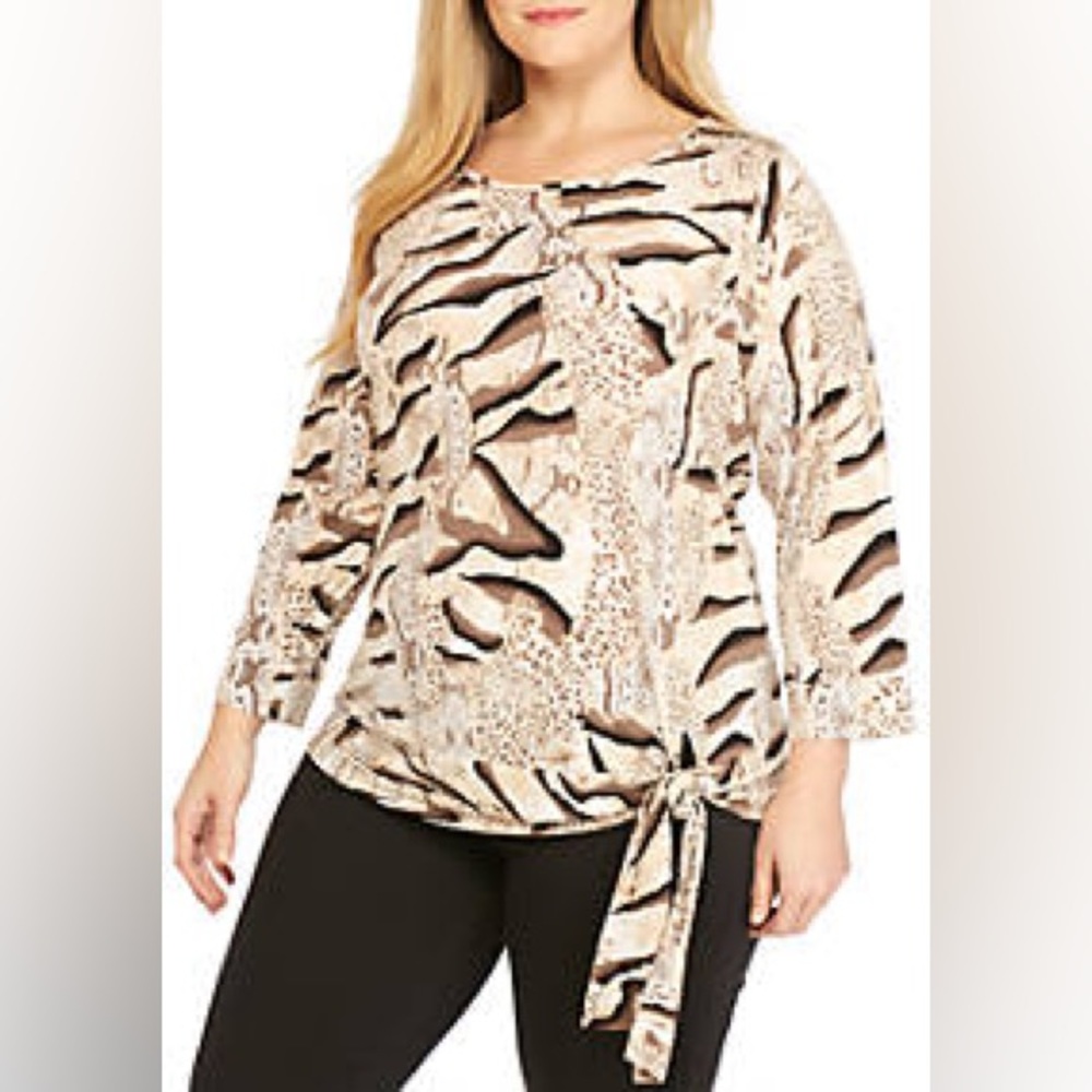 New Directions Fall Animal Print Top Blouse Black Brown Women’s Sz Large